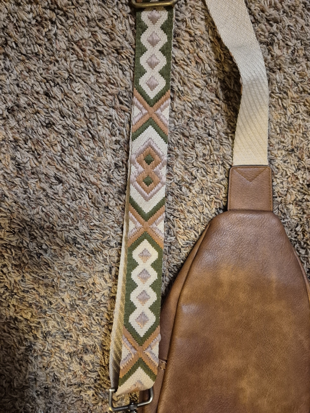 Brown Leather Sling Crossbody Bag with Patterned Strap - Picture 2 of 8
